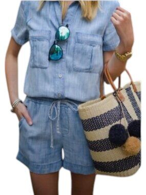 Side Stitch Nordstrom Tencel Chambray Denim Short Sleeve Utility Shirt Romper M